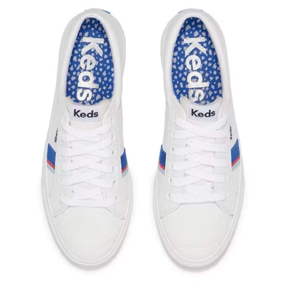 NIB$70 Keds sz 7 White Leather Lace-Up Sneakers Jump Kick Toe Cap Red White Blue